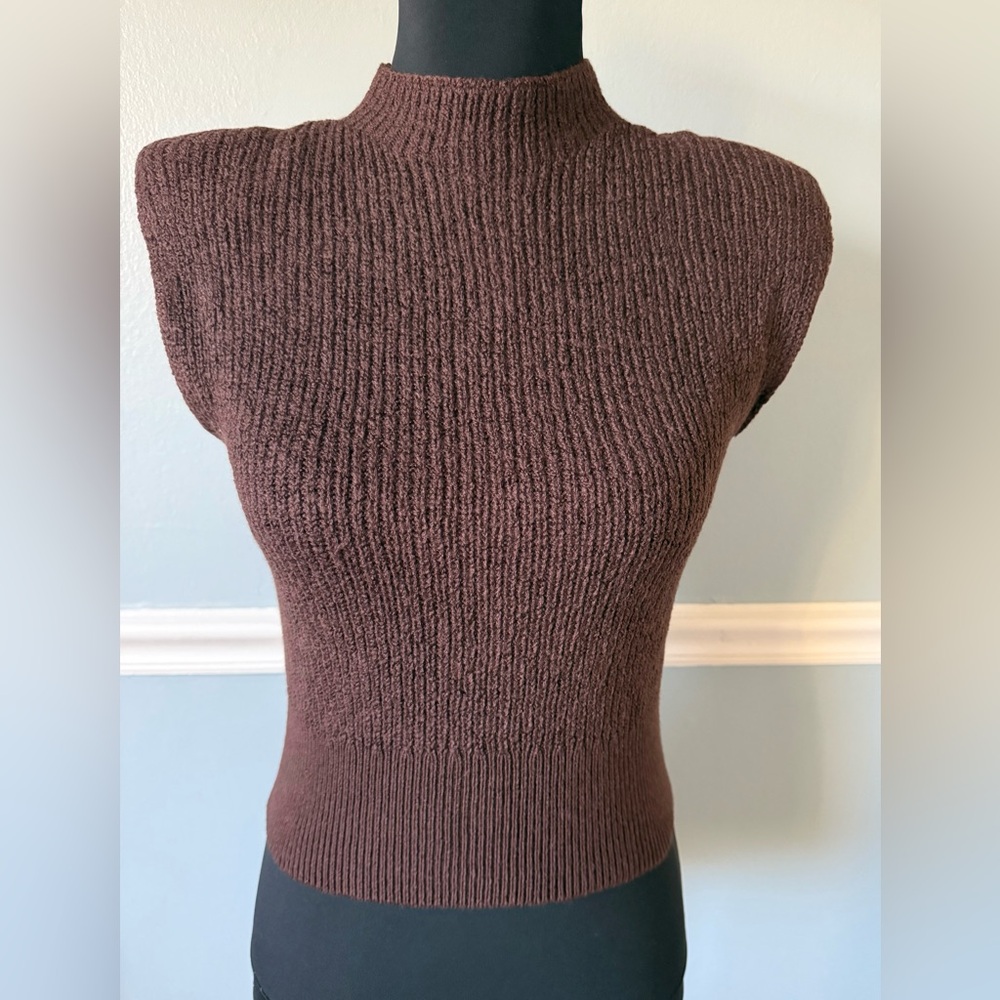 Babaton Brown Ribbed Sleeveless Turtleneck Sweater XS